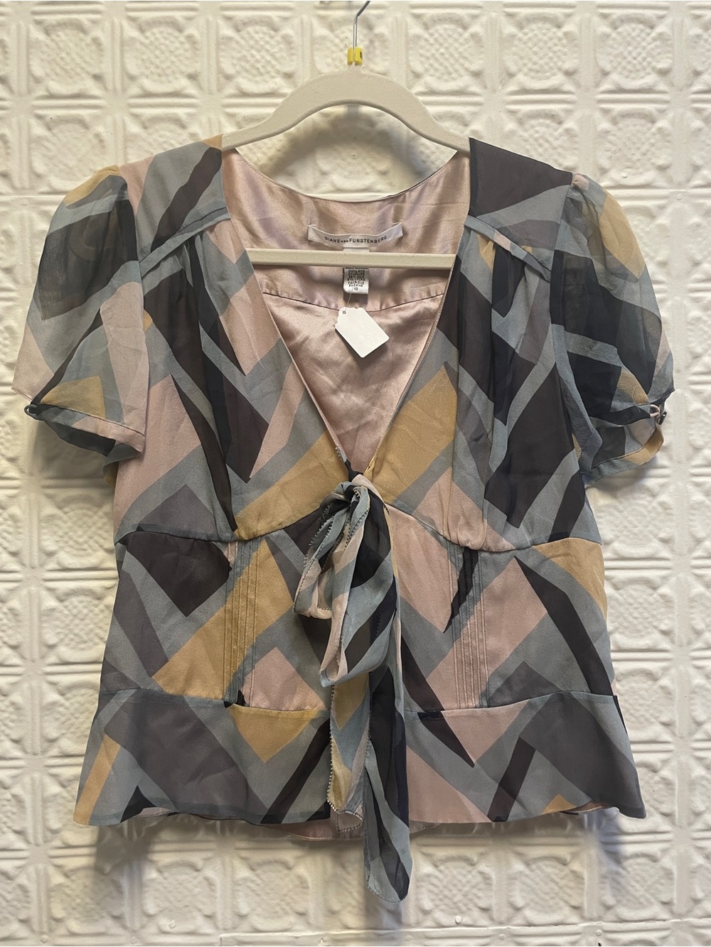 Diane Von Furstenberg Pleated Geometric Tie-Front Blouse - Pink/Gray/Gold